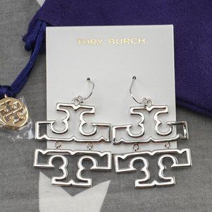 NEW Tory Burch Britten Hinged Dangle Statement Earrings in Silver Polished